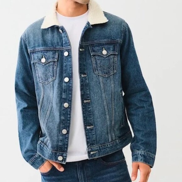NWT True Religion Men’s Sherpa Collar Denim Trucker Jacket #700109 SZ LARGE $179 - Picture 1 of 1